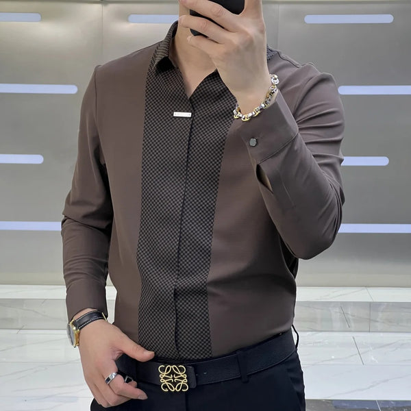 Business Casual Spliced Poloneck Long Sleeve Shirt