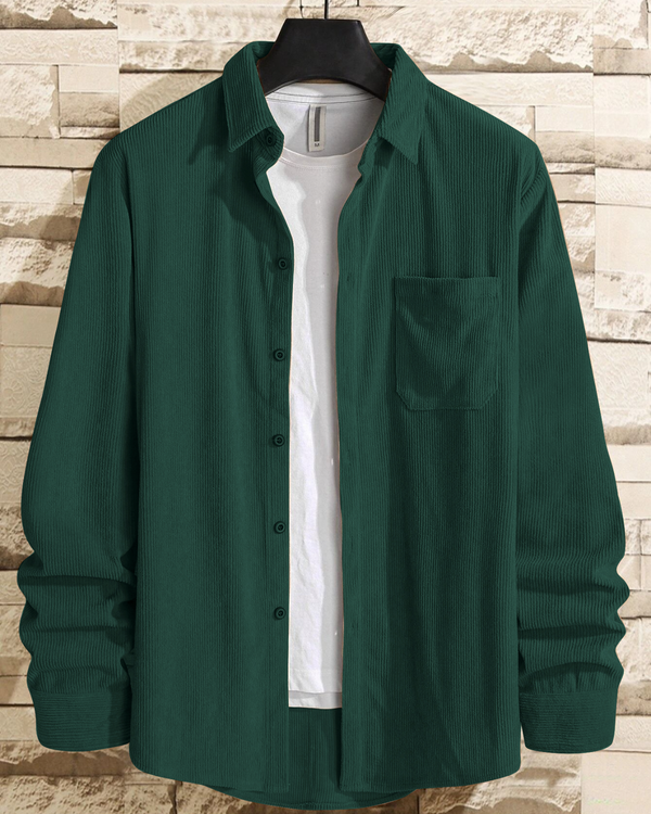 Charming Green Men Corduroy Solid Shirt With Pocket - Merinowear