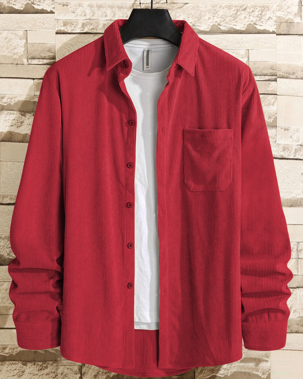 Angelic Red Men Corduroy Solid Shirt With Pocket - Merinowear