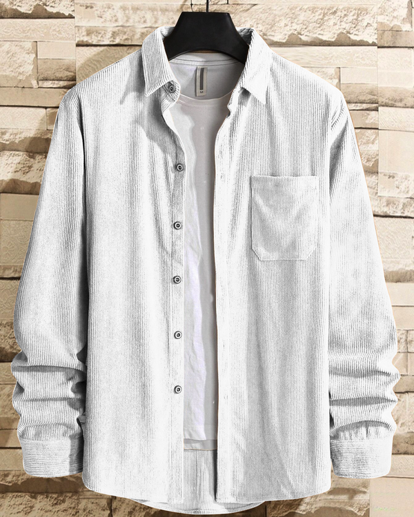 Dalliance White Men Corduroy Solid Shirt With Pocket - Merinowear