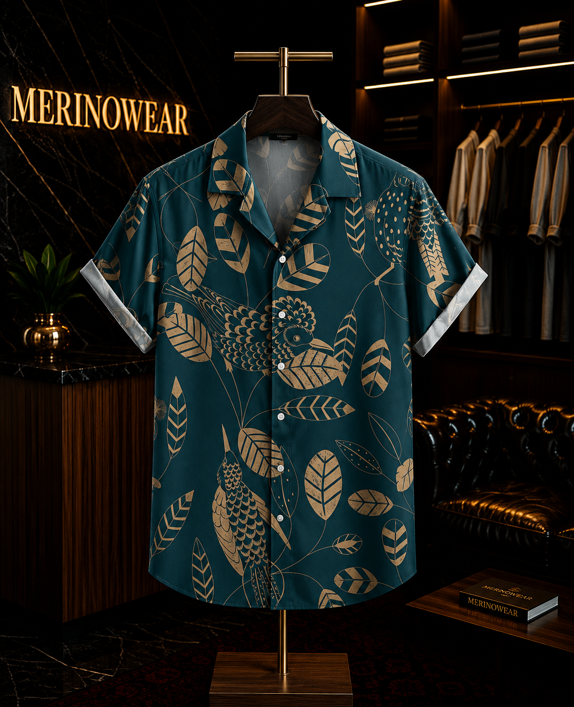 Men's Teal Bird & Botanical Printed Resort Shirt