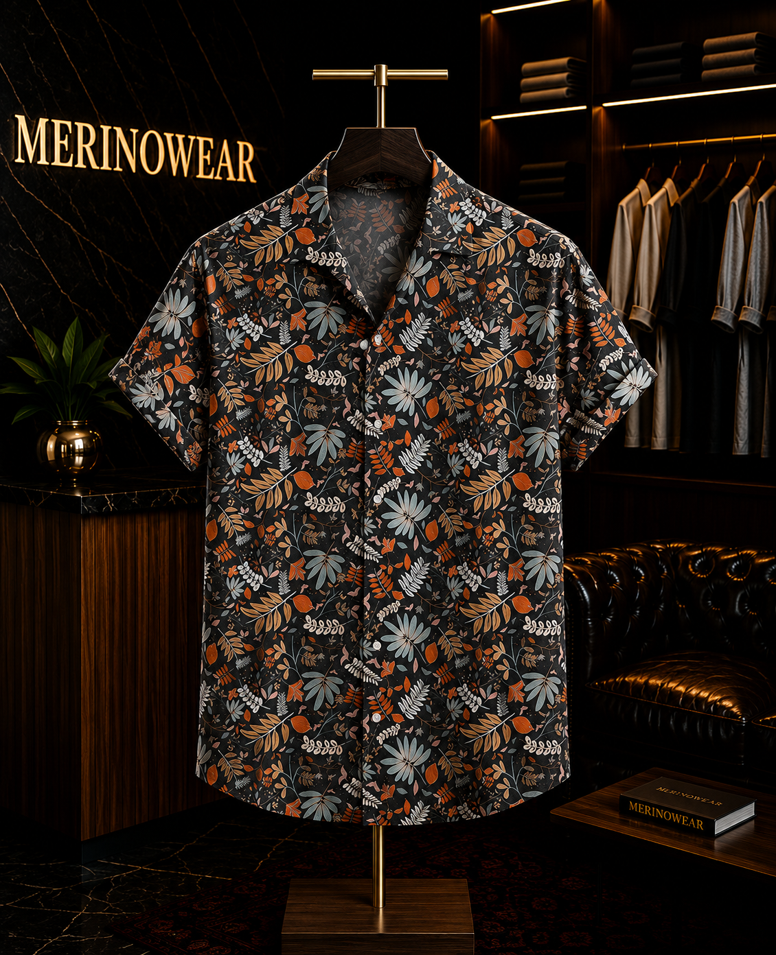Men's Charcoal Floral Botanical Printed Resort Shirt