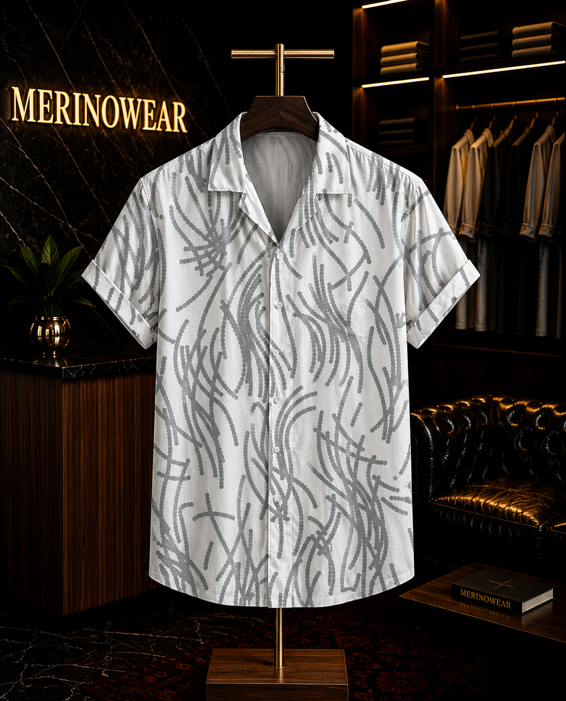 Men's White Abstract Wave Printed Resort Shirt