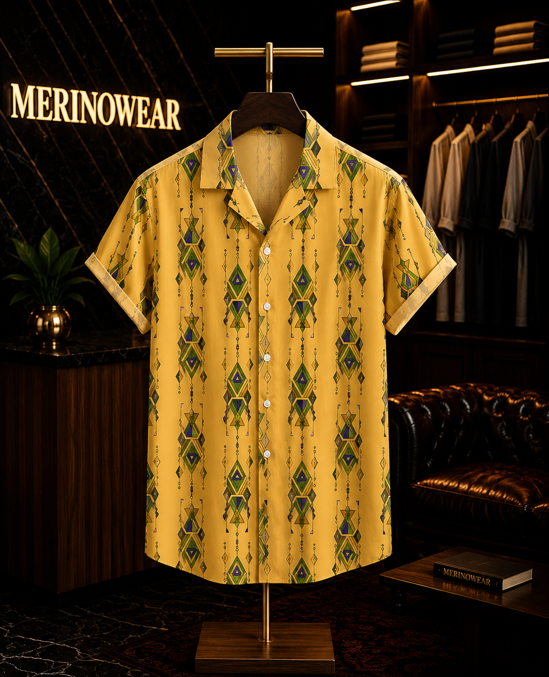 Men's Mustard Geometric Resort Print Shirt