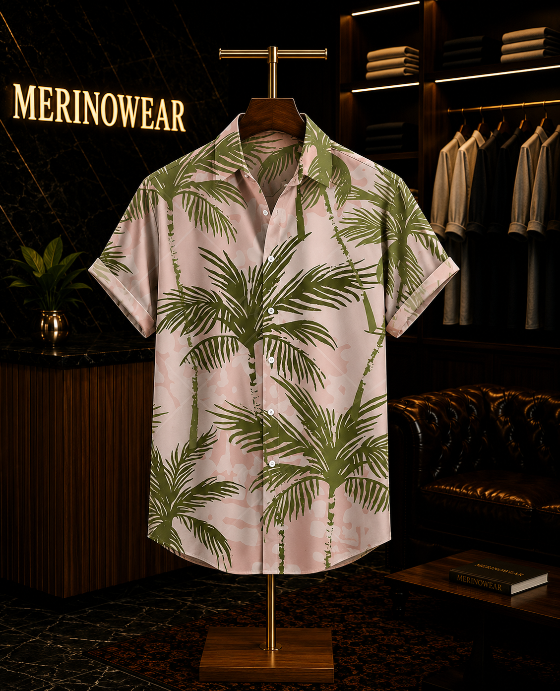 Men's Blush Pink Tropical Palm Print Resort Shirt