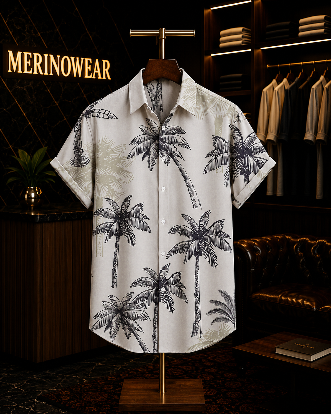 Men's White Palm Tree Print Resort Shirt