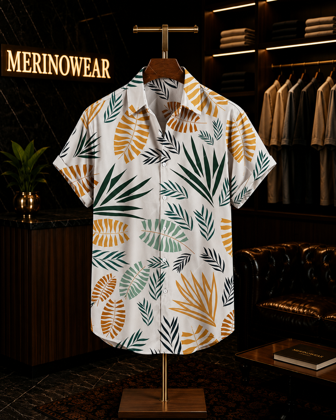 Men's White Tropical Leaf Print Resort Shirt