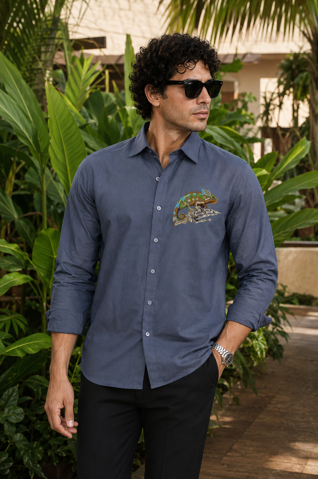 MerinoWear Chameleon Embroidered Premium Cotton Shirt – Slate Blue