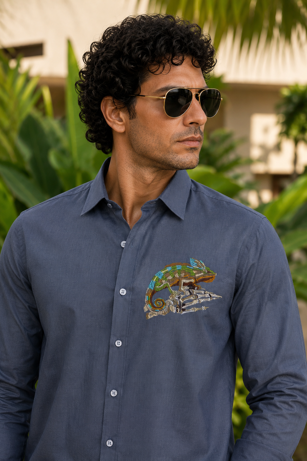 MerinoWear Chameleon Embroidered Premium Cotton Shirt – Slate Blue