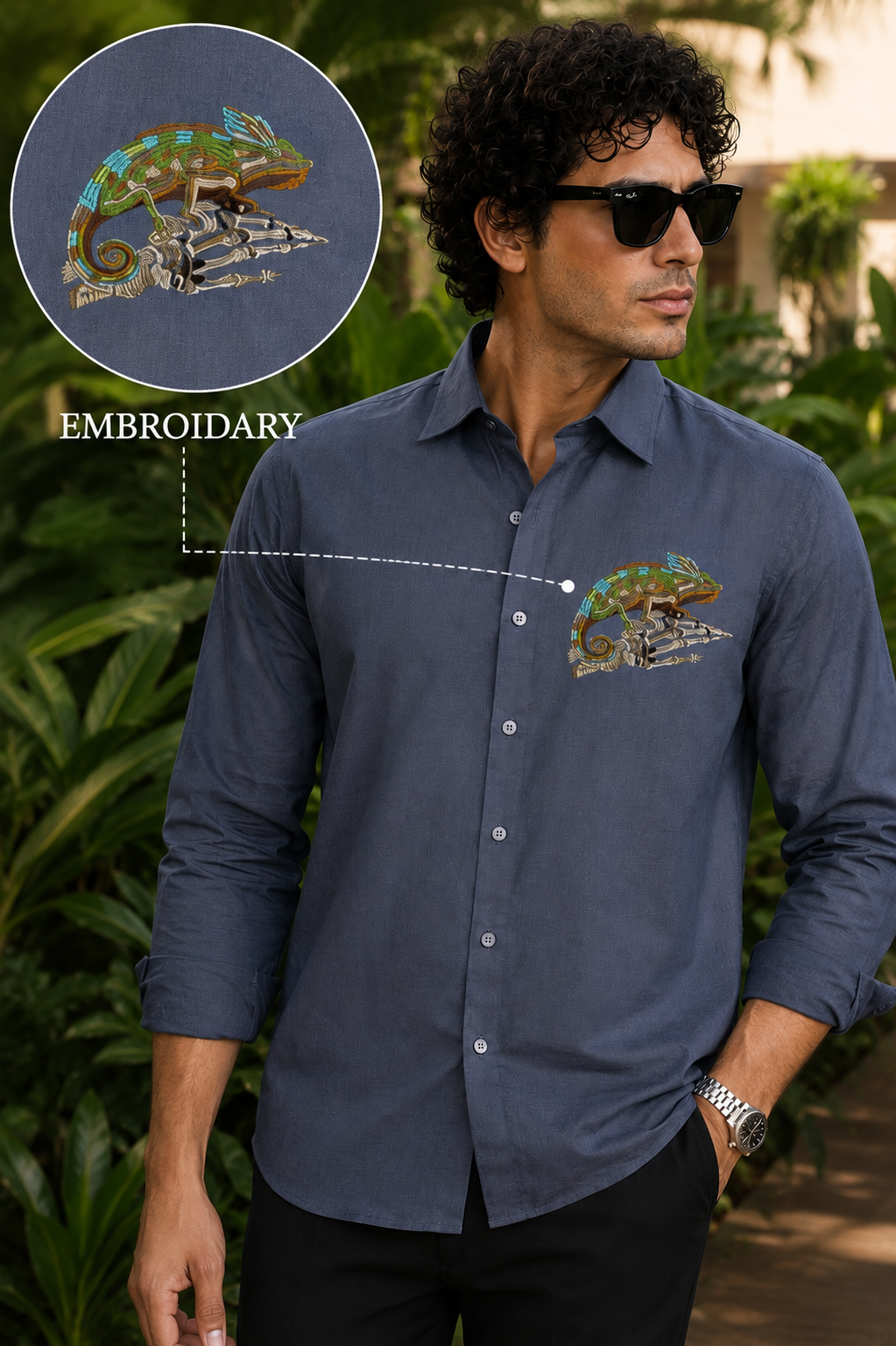 MerinoWear Chameleon Embroidered Premium Cotton Shirt – Slate Blue