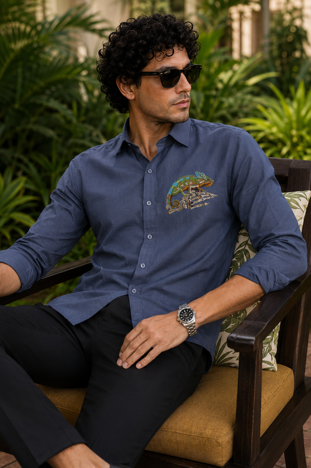 MerinoWear Chameleon Embroidered Premium Cotton Shirt – Slate Blue