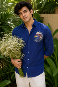 MerinoWear Royal Eagle Embroidered Linen Shirt – Cobalt Blue