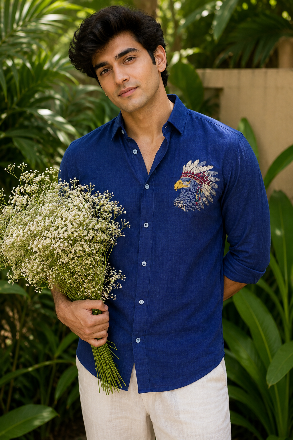 MerinoWear Royal Eagle Embroidered Linen Shirt – Cobalt Blue
