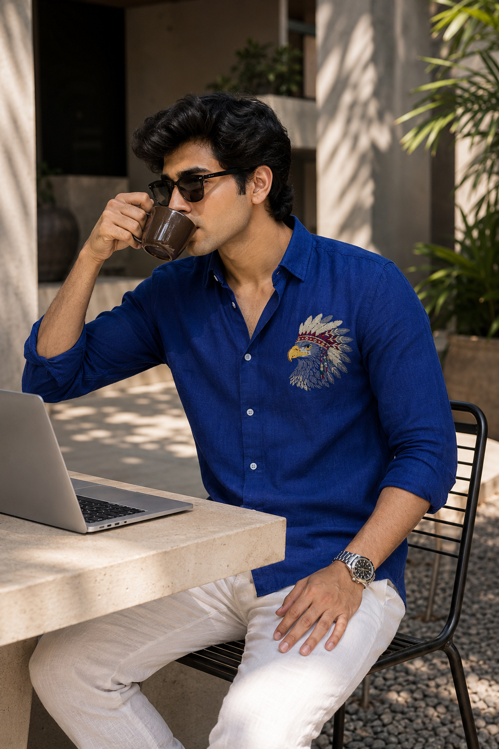 MerinoWear Royal Eagle Embroidered Linen Shirt – Cobalt Blue