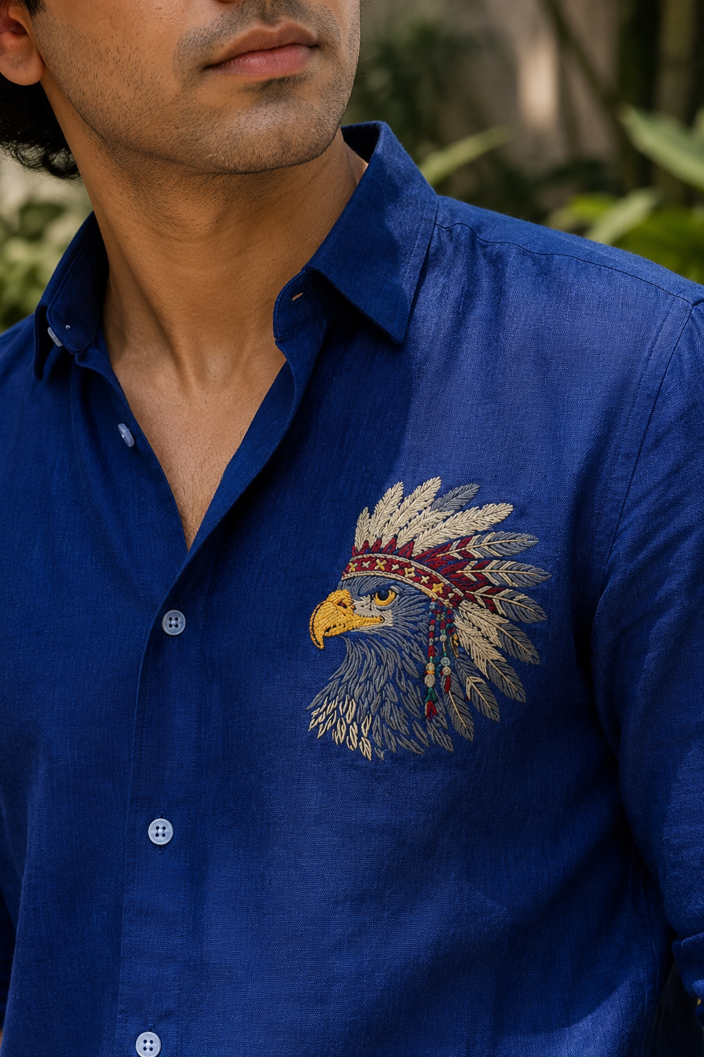MerinoWear Royal Eagle Embroidered Linen Shirt – Cobalt Blue