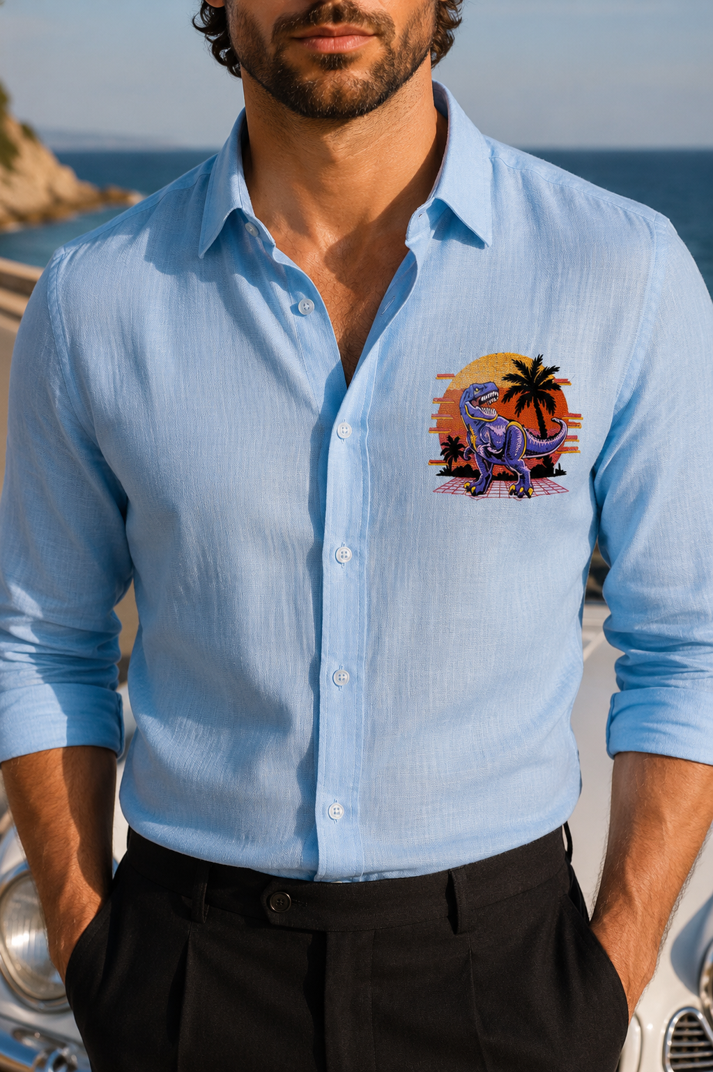 MerinoWear Retro Dino Embroidered Linen Shirt – Sky Blue