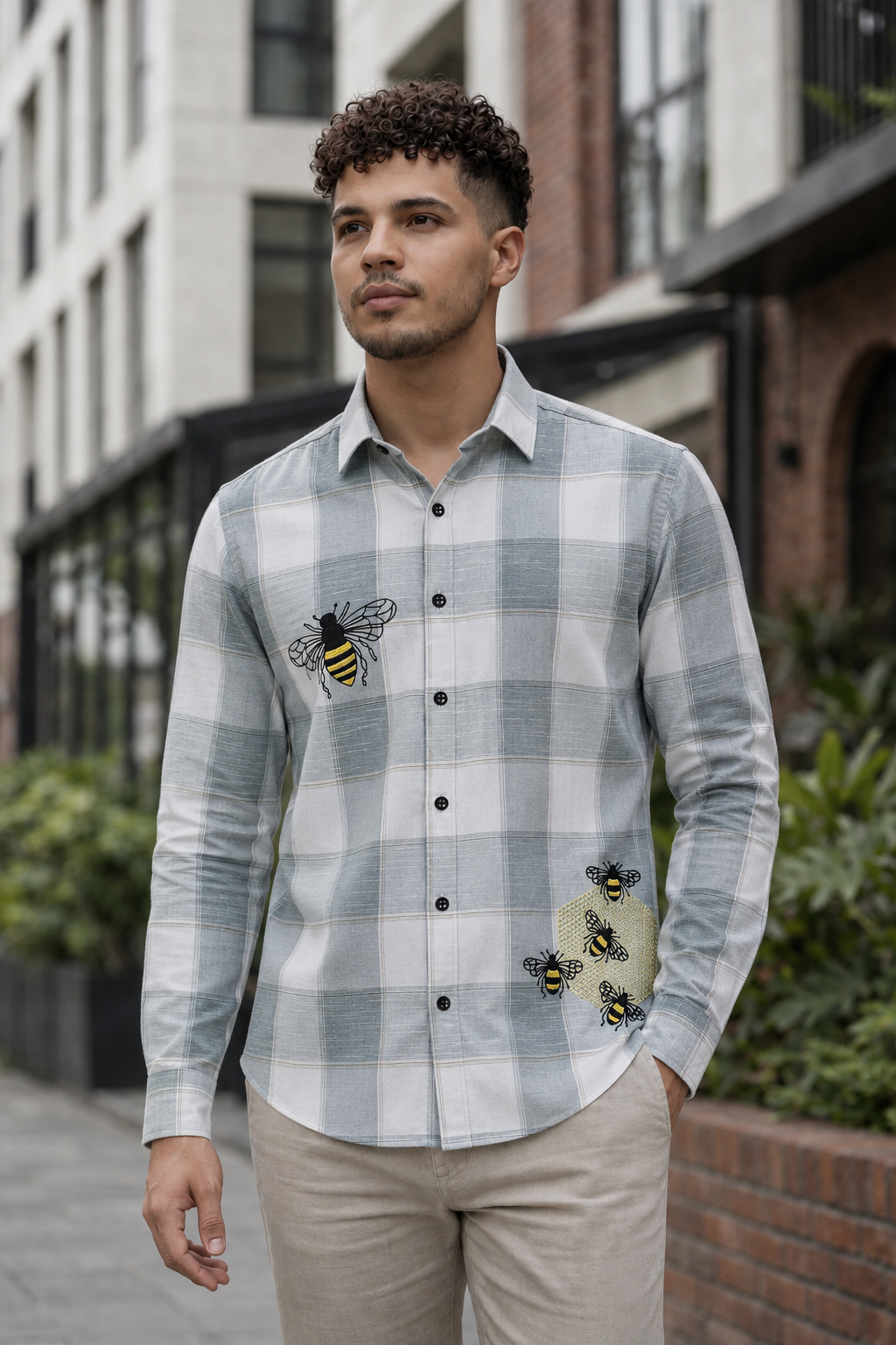 MerinoWear Sage Grey Bee Embroidered Checks Shirt