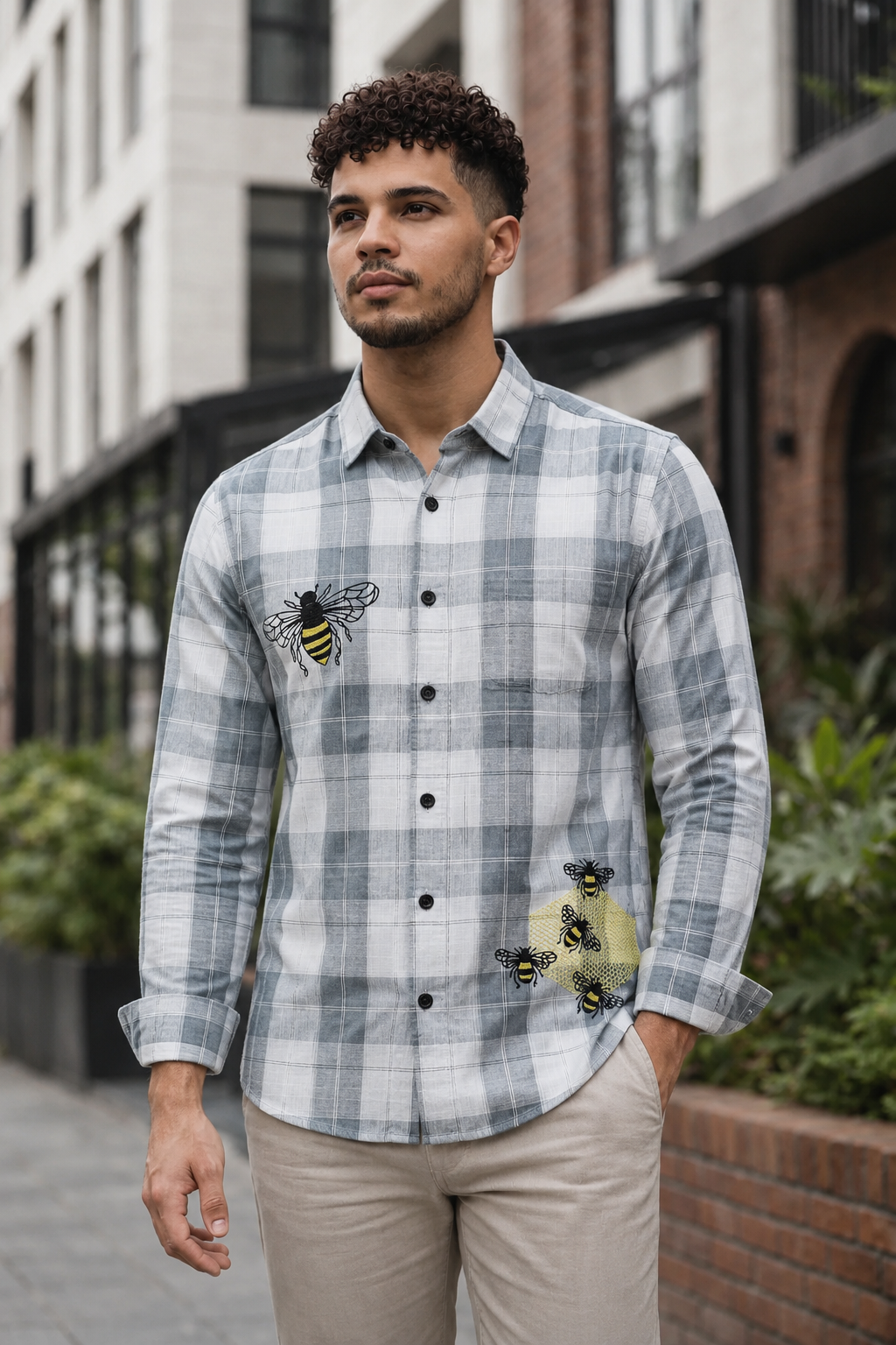 MerinoWear Grey Bee Embroidered Premium Checks Shirt