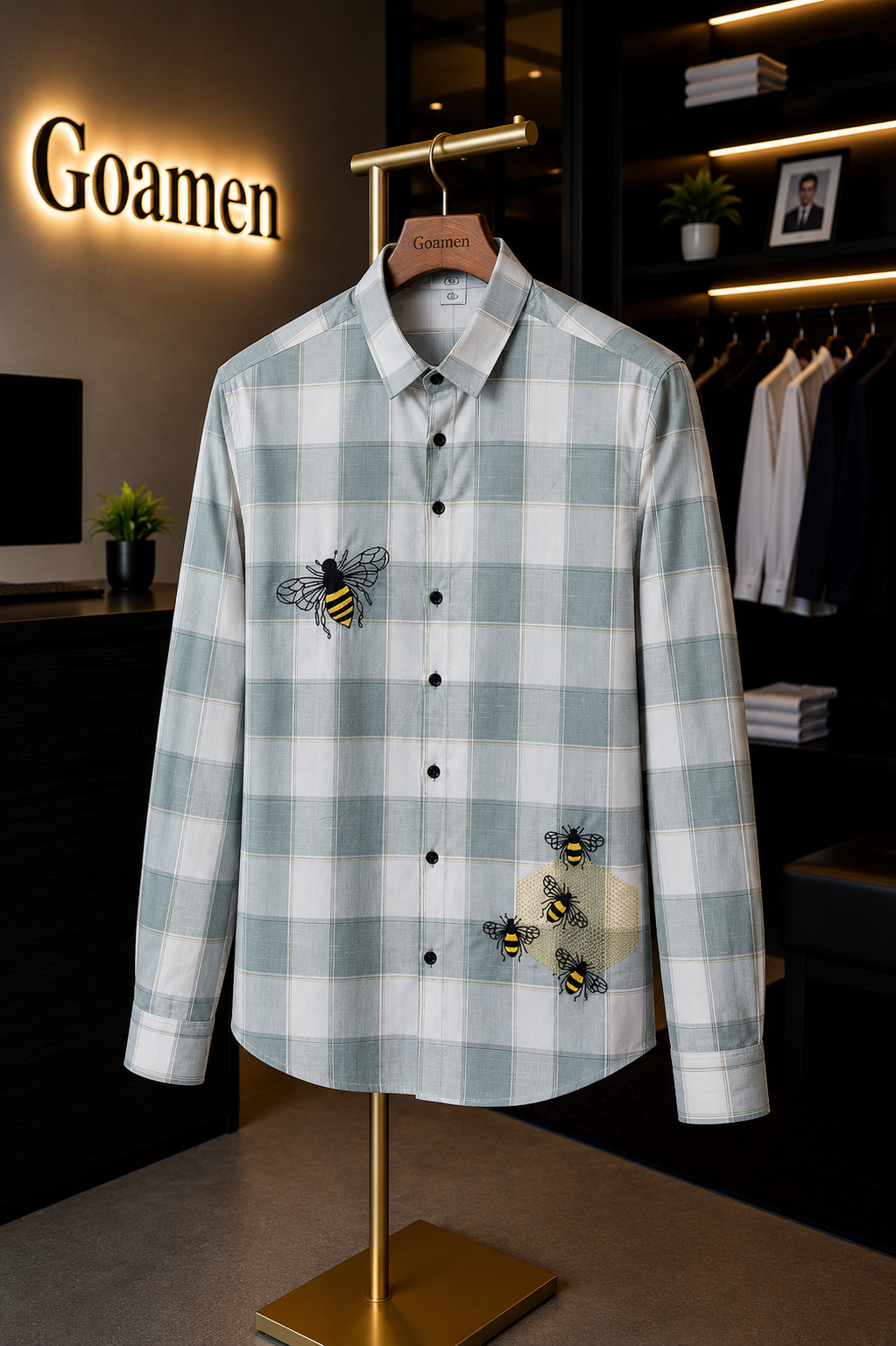 MerinoWear Sage Grey Bee Embroidered Checks Shirt