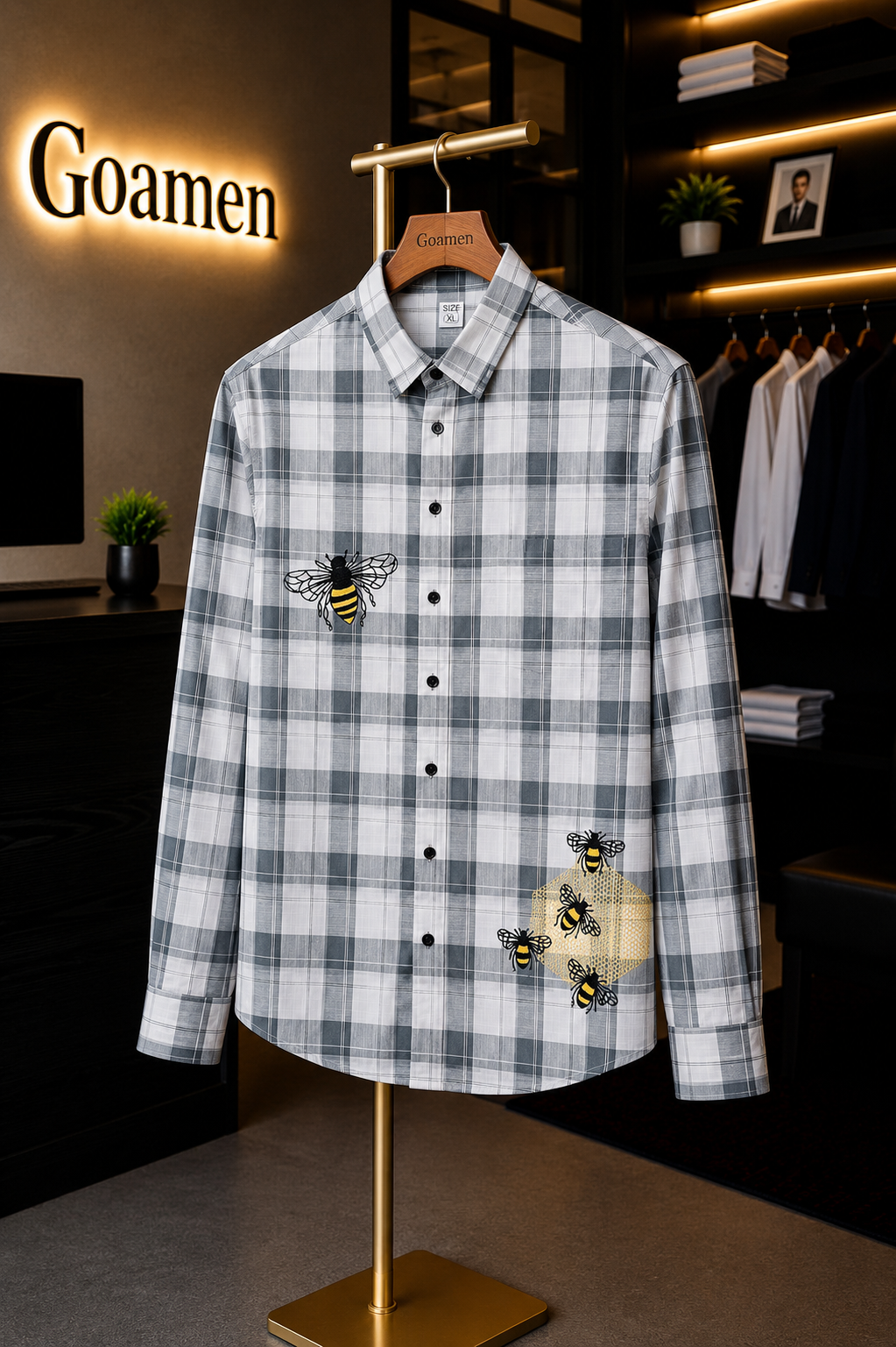 MerinoWear Grey Bee Embroidered Premium Checks Shirt