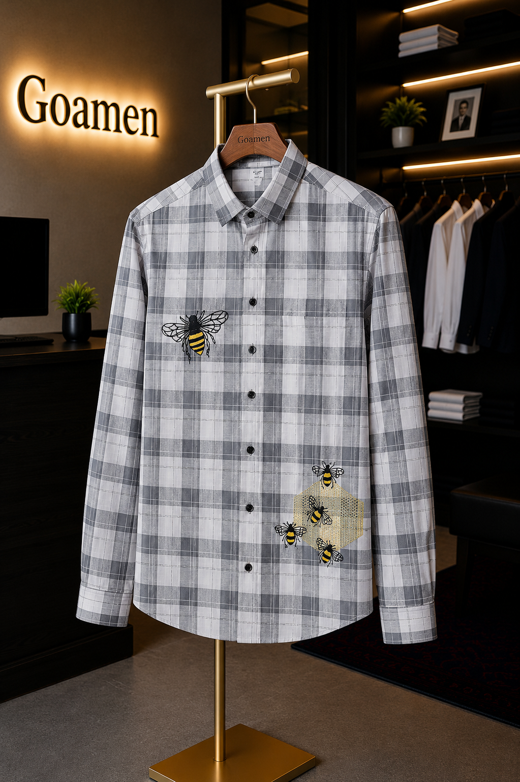 MerinoWear Grey Honeycomb Embroidered Checks Shirt