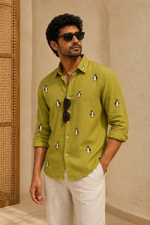 Men's Lime Green Penguin Motif Shirt