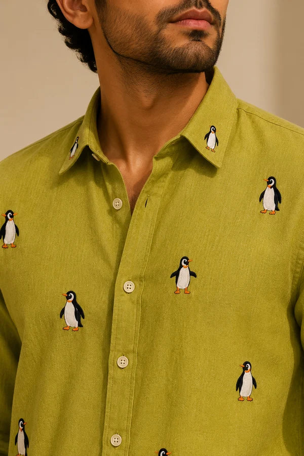 Men's Lime Green Penguin Motif Shirt