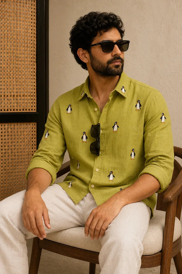 Men's Lime Green Penguin Motif Shirt