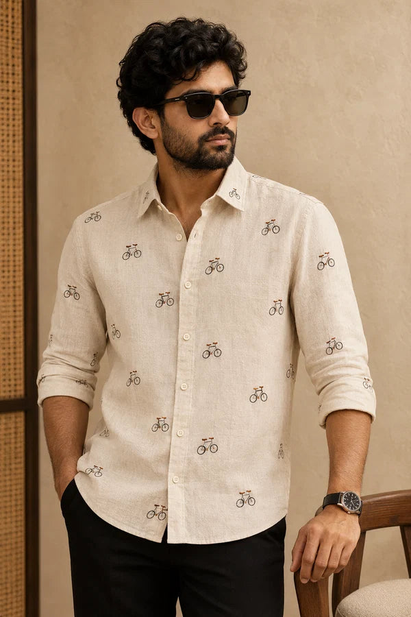Men's Ivory Bicycle Motif Shirt