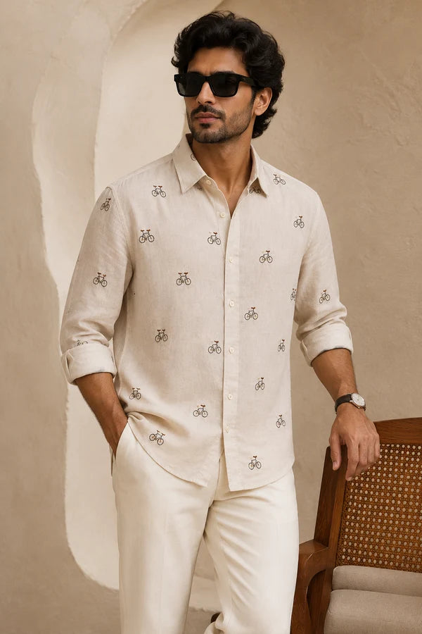 Men's Ivory Bicycle Motif Shirt