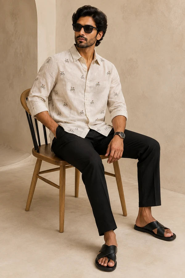 Men's Ivory Bicycle Motif Shirt