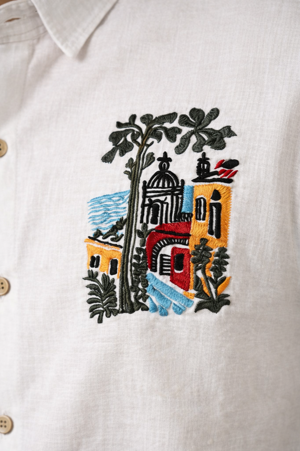MerinoWear Riviera Artscape Embroidered White Shirt
