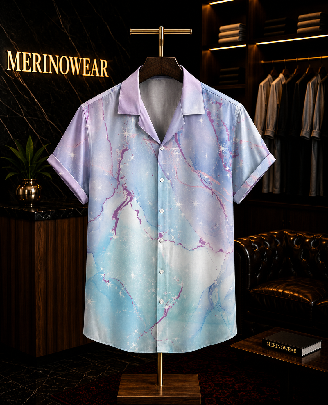 Men's Sky Blue Marble Print Resort Shirt