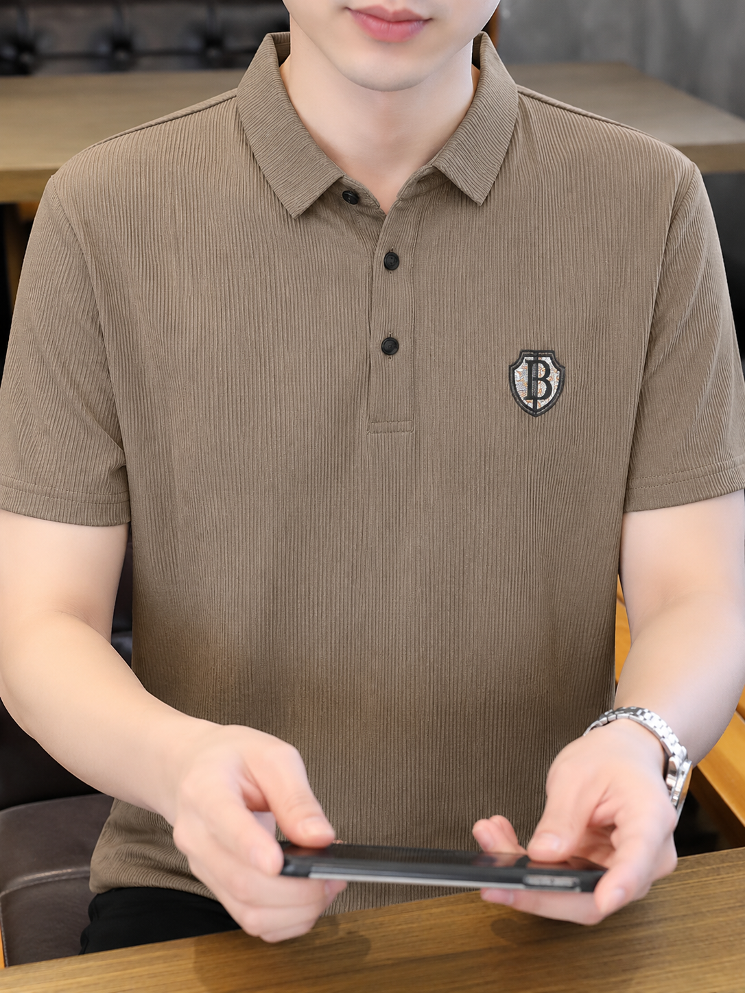 Merinowear Premium Ribbed Polo T-Shirt – Khaki Brown