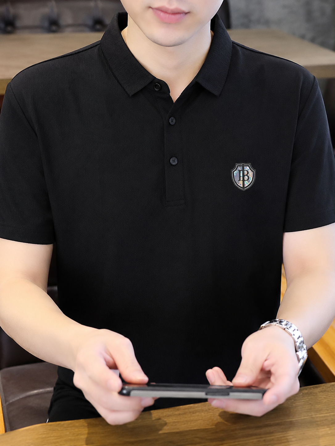 Merinowear Premium Ribbed Polo T-Shirt – Classic Black