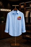 MerinoWear Retro Dino Embroidered Linen Shirt – Sky Blue