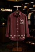 MerinoWear Premium Maroon Palm Tree Embroidered Linen Shirt