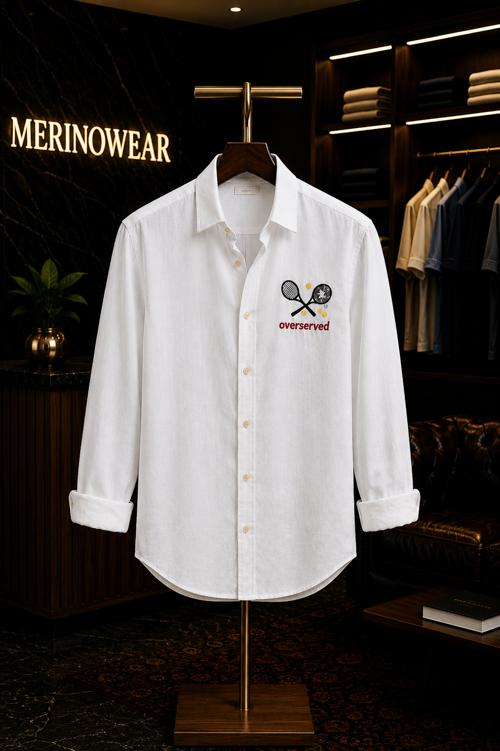 MerinoWear Riviera Sport Luxe “Overserved” Embroidered White Shirt