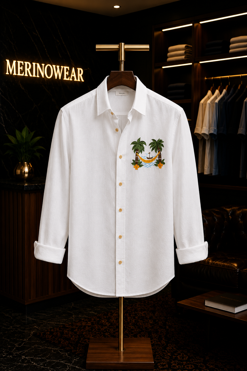 MerinoWear Riviera Tropical Escape Embroidered White Shirt