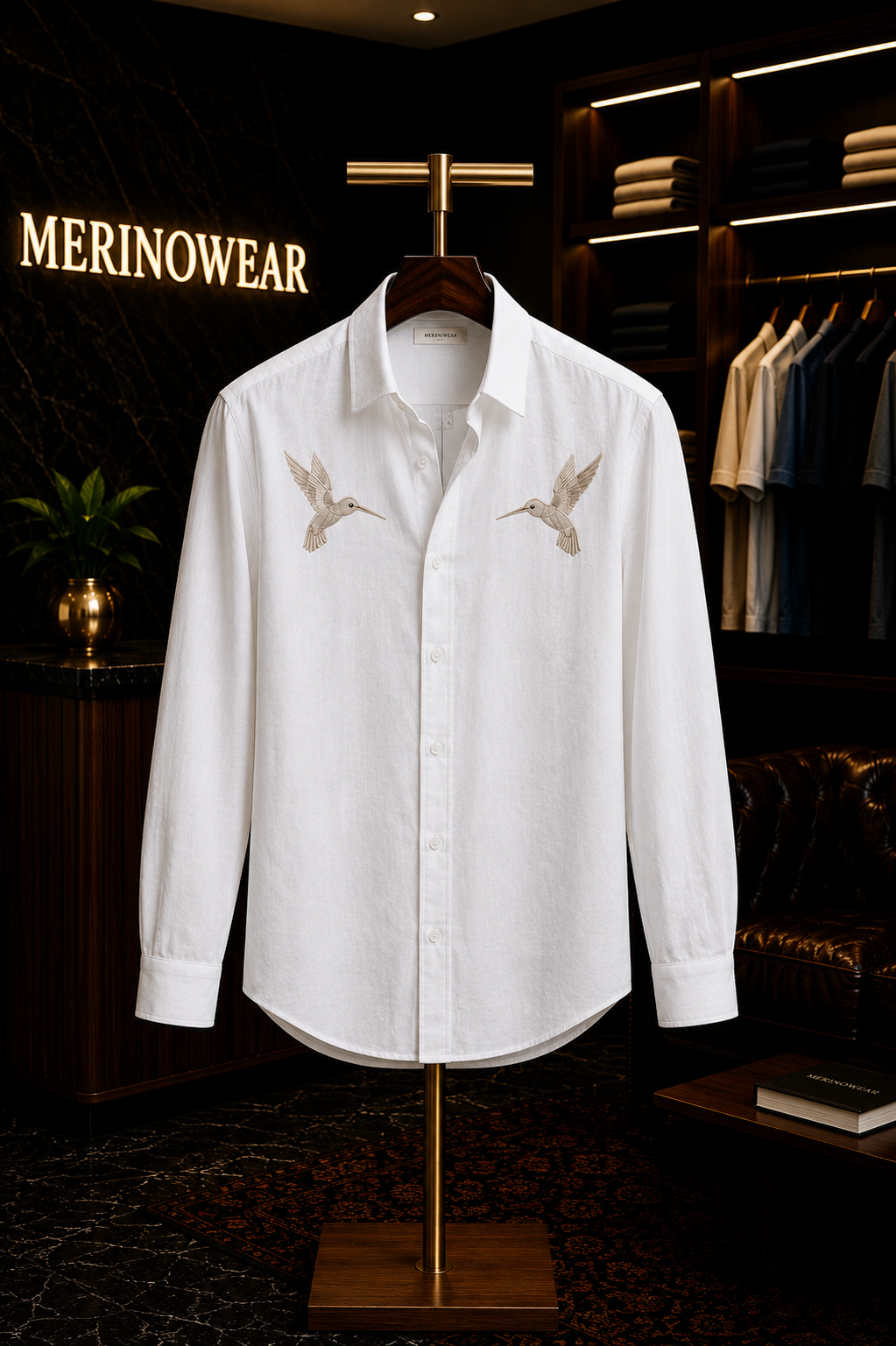 MerinoWear Riviera Twin Hummingbird Embroidered White Shirt
