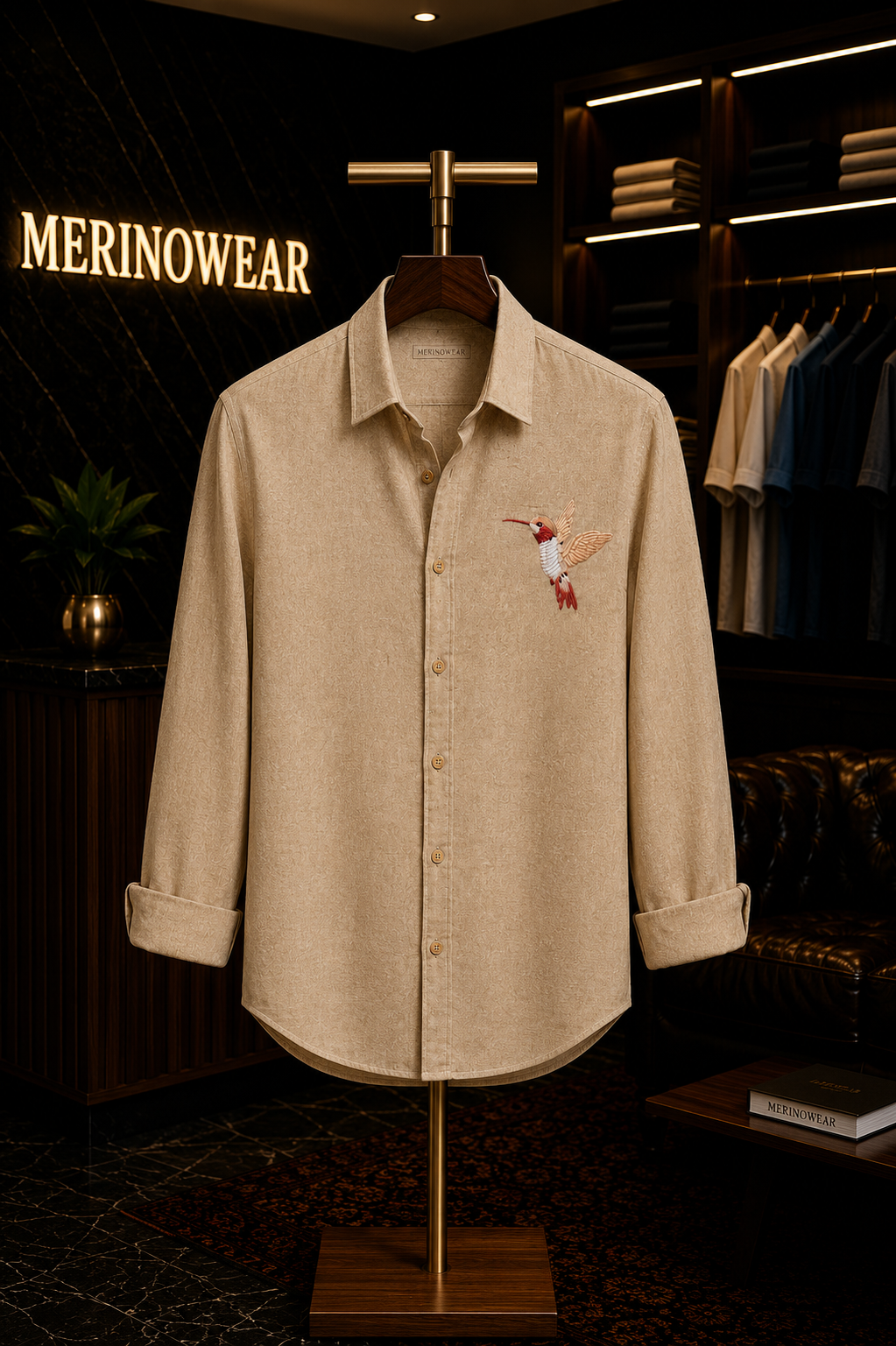 Crimson Hummingbird Embroidered Shirt