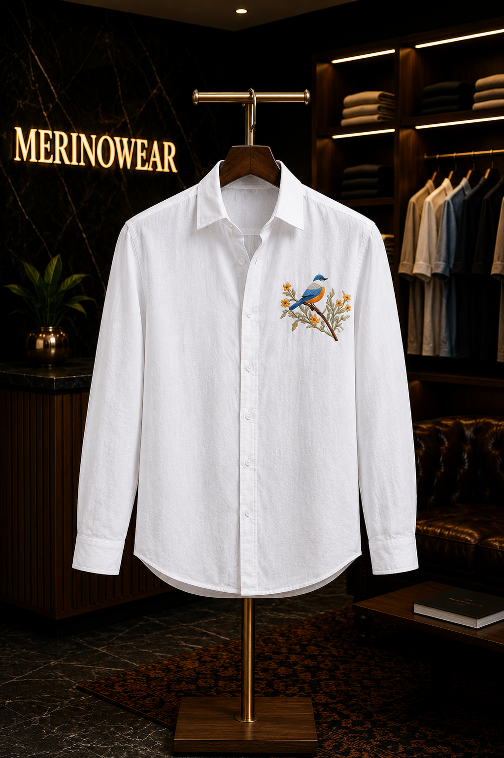 MerinoWear Blossom Bird White Linen Shirt