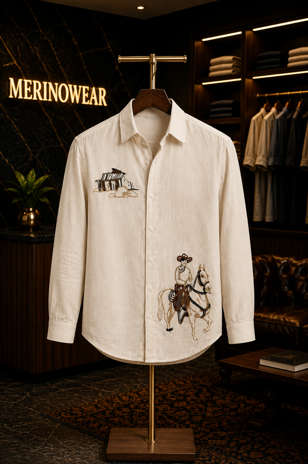MerinoWear Heritage Beige Horse Rider Embroidered Linen Shirt