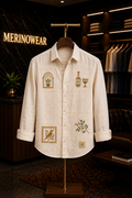 MerinoWear Heritage Beige Artistic Patch Embroidered Linen Shirt
