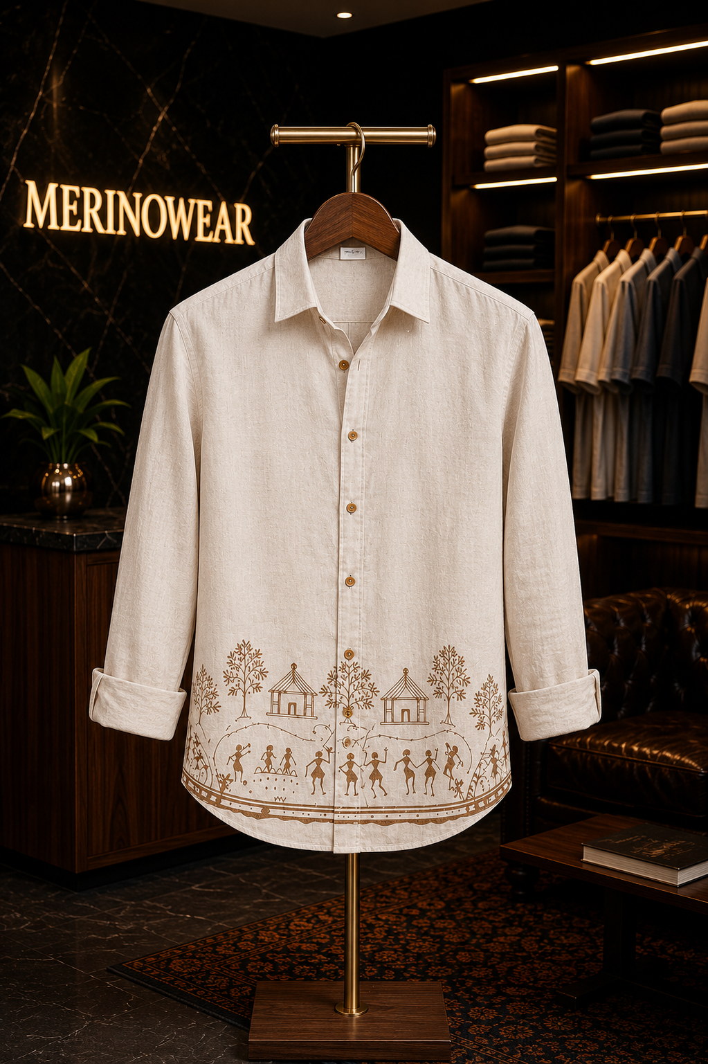 MerinoWear Heritage Beige Warli Art Printed Linen Shirt