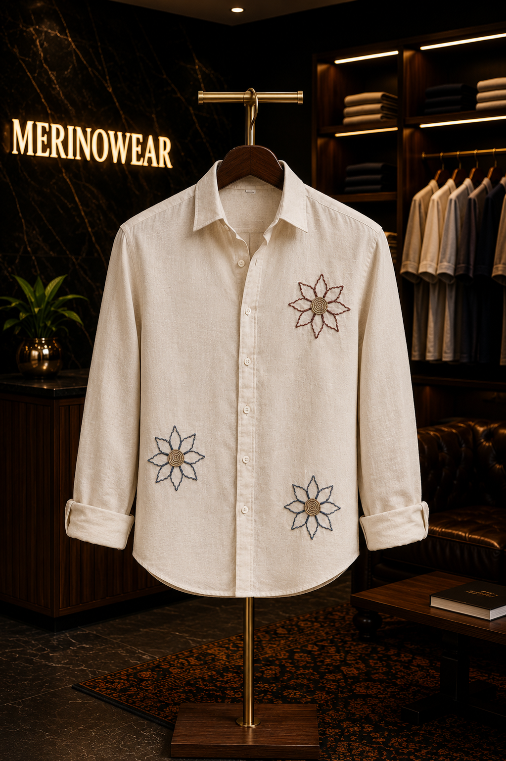MerinoWear Premium Beige Floral Embroidered Linen Shirt