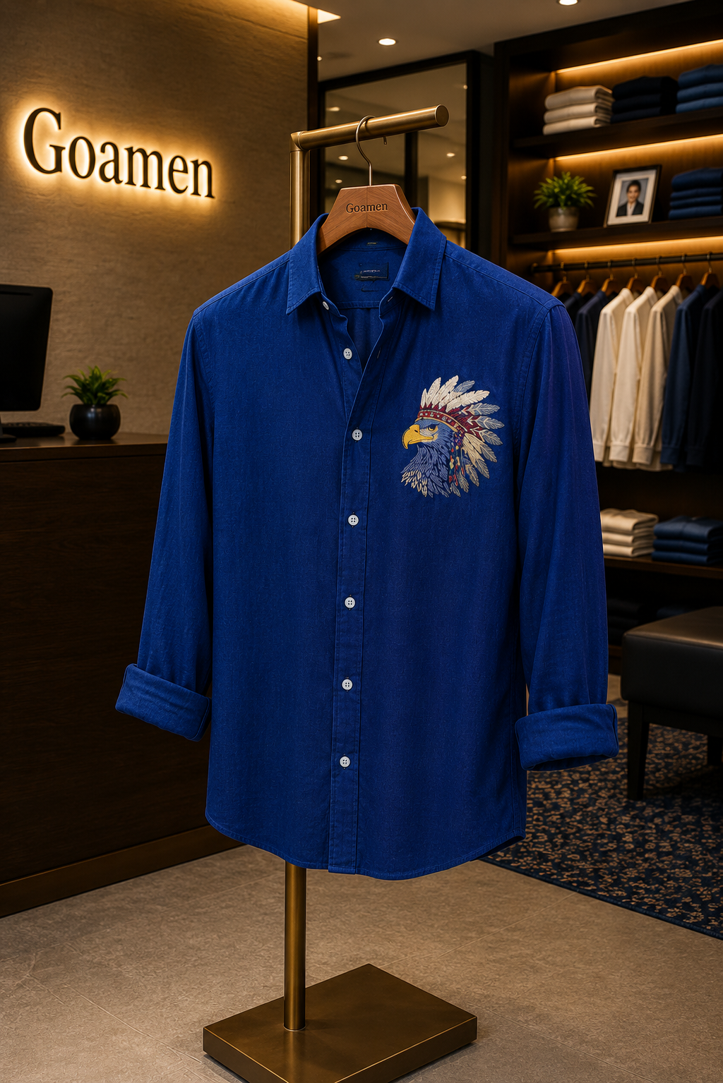 MerinoWear Royal Eagle Embroidered Linen Shirt – Cobalt Blue