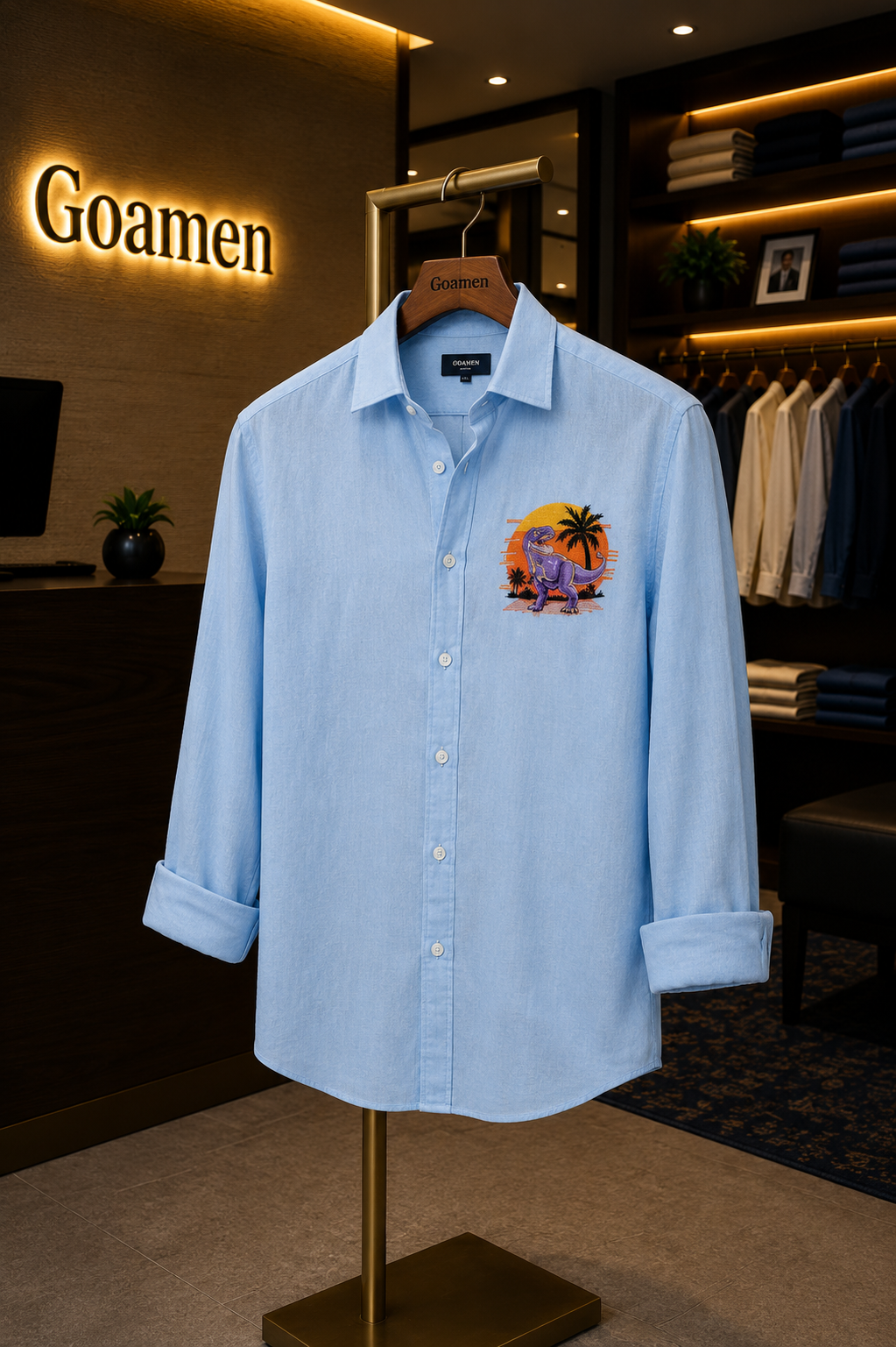 MerinoWear Retro Dino Embroidered Linen Shirt – Sky Blue