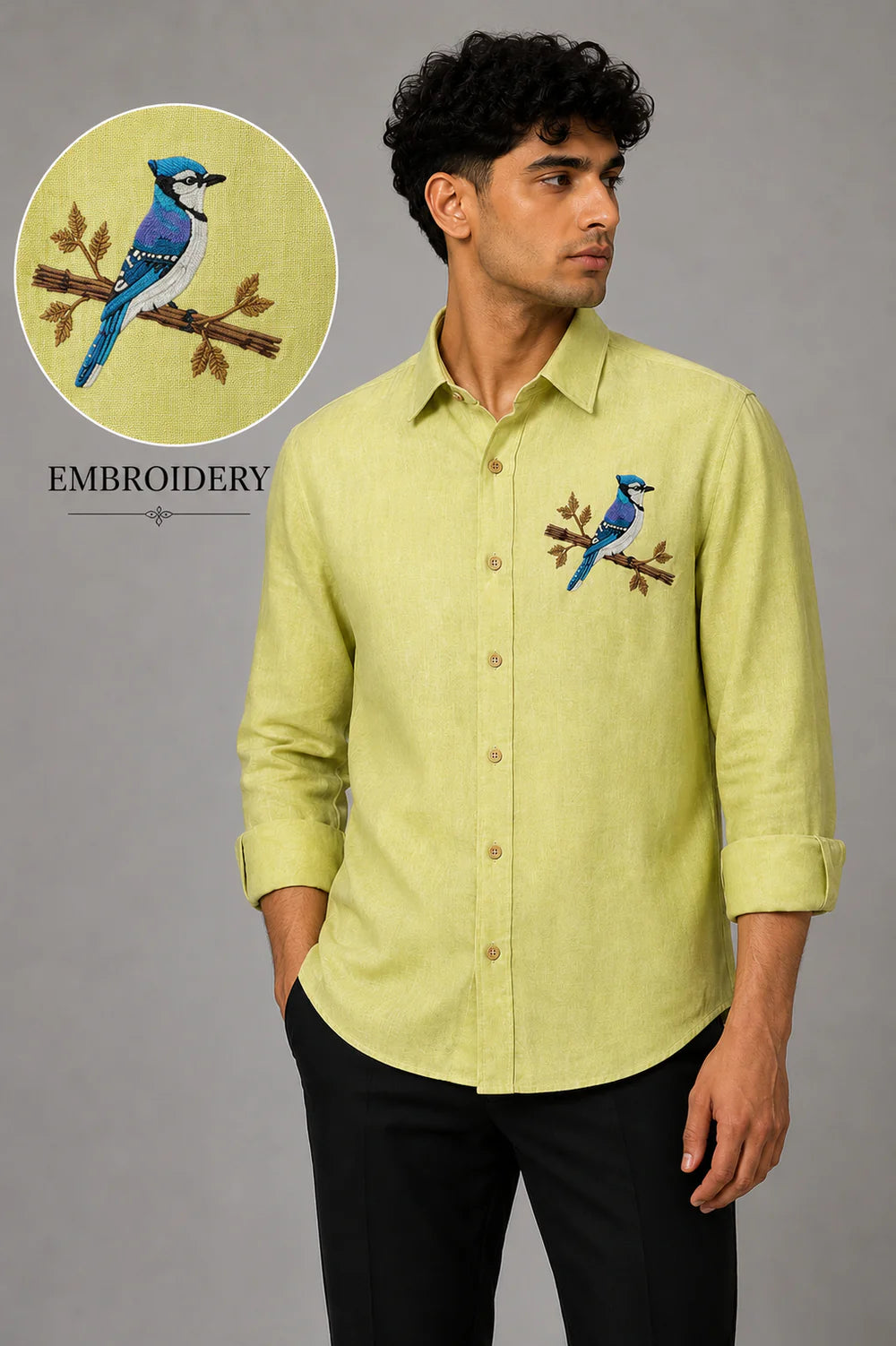 Azure Bird Embroidered Shirt