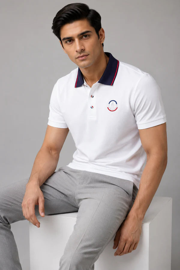 Men's White Contrast Collar Premium Polo T-Shirt